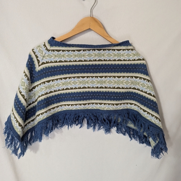 Great American Sweater Kids L/XL Blue Striped Fringe Sweater Poncho - Picture 2 of 8
